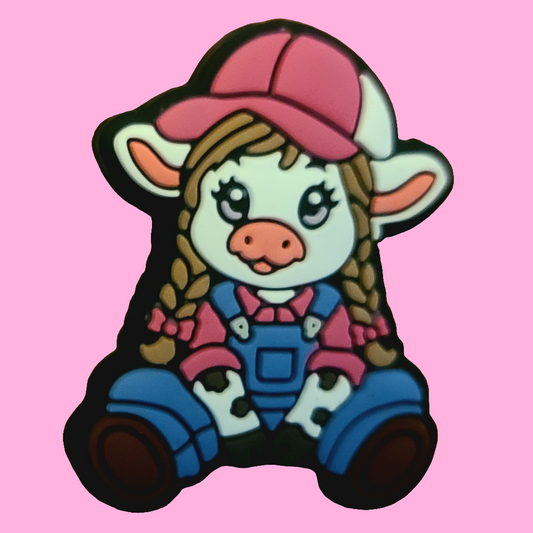 Big Sister Cow / Heifer in Overalls Braids & Hat Silicone Focal Bead