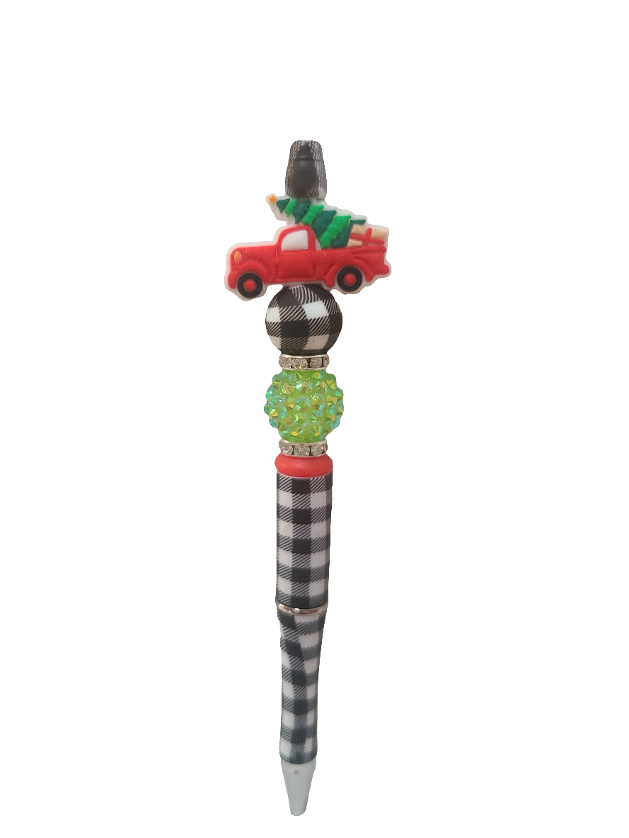 Red Truck With Christmas Tree Beaded Pen