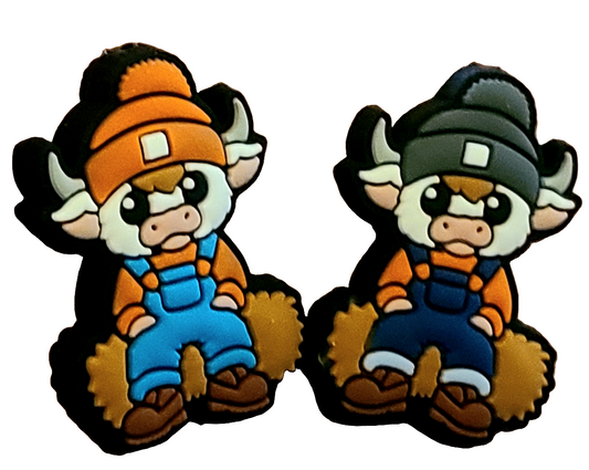 Twin Boys Cow / Heifer in Overalls & Beanies Silicone Focal Bead Hank & Frank