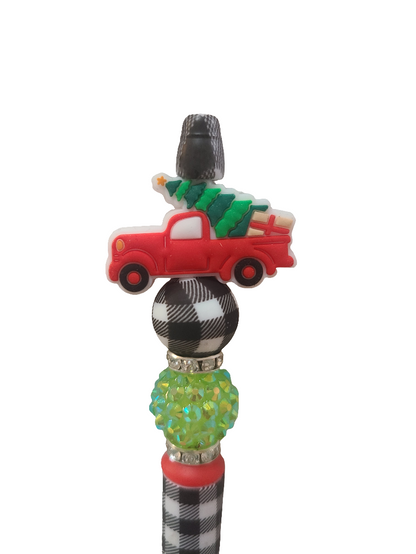 Red Truck With Christmas Tree Beaded Pen