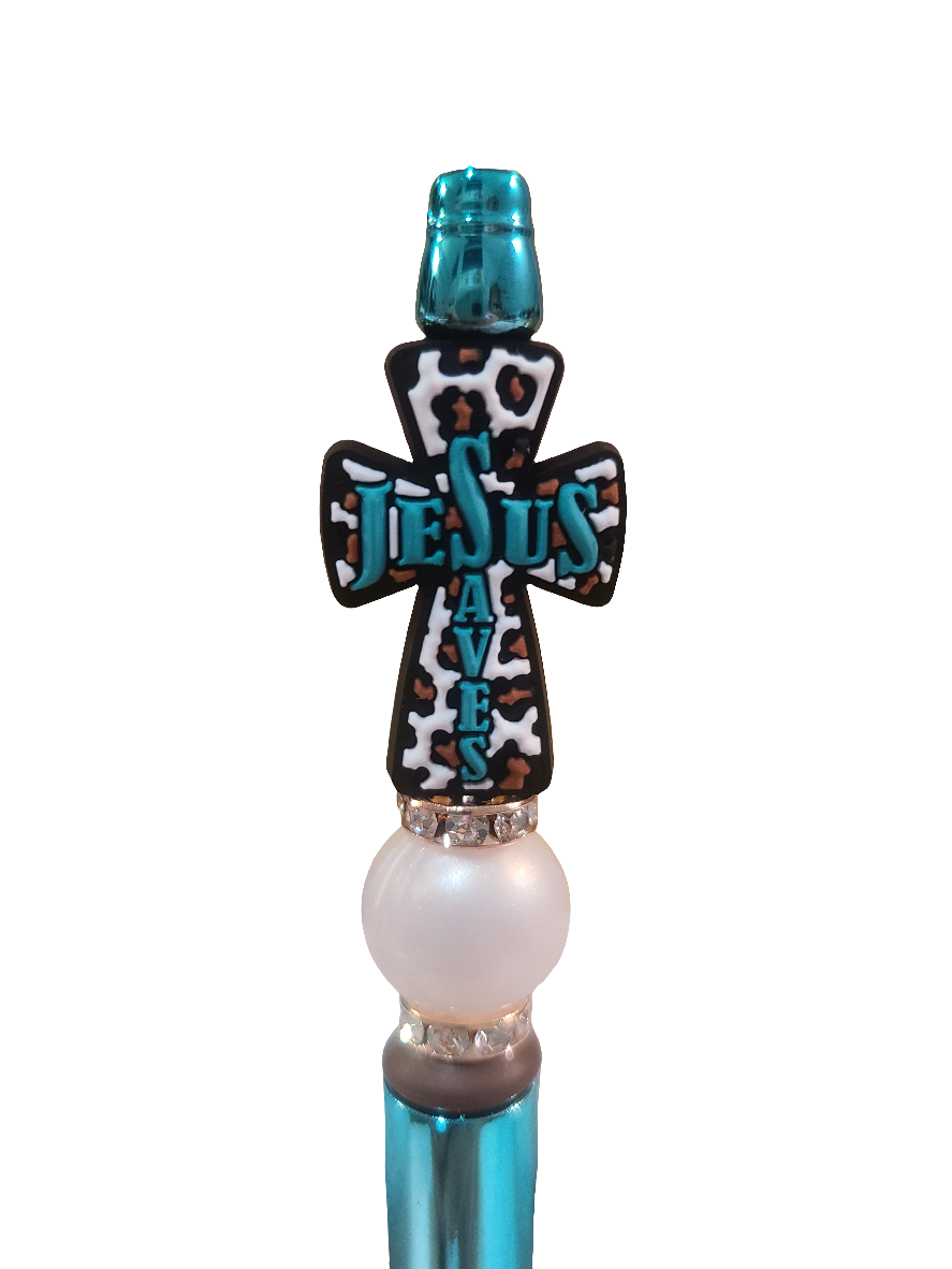 Jesus Saves Cross Metallic Beaded Pen