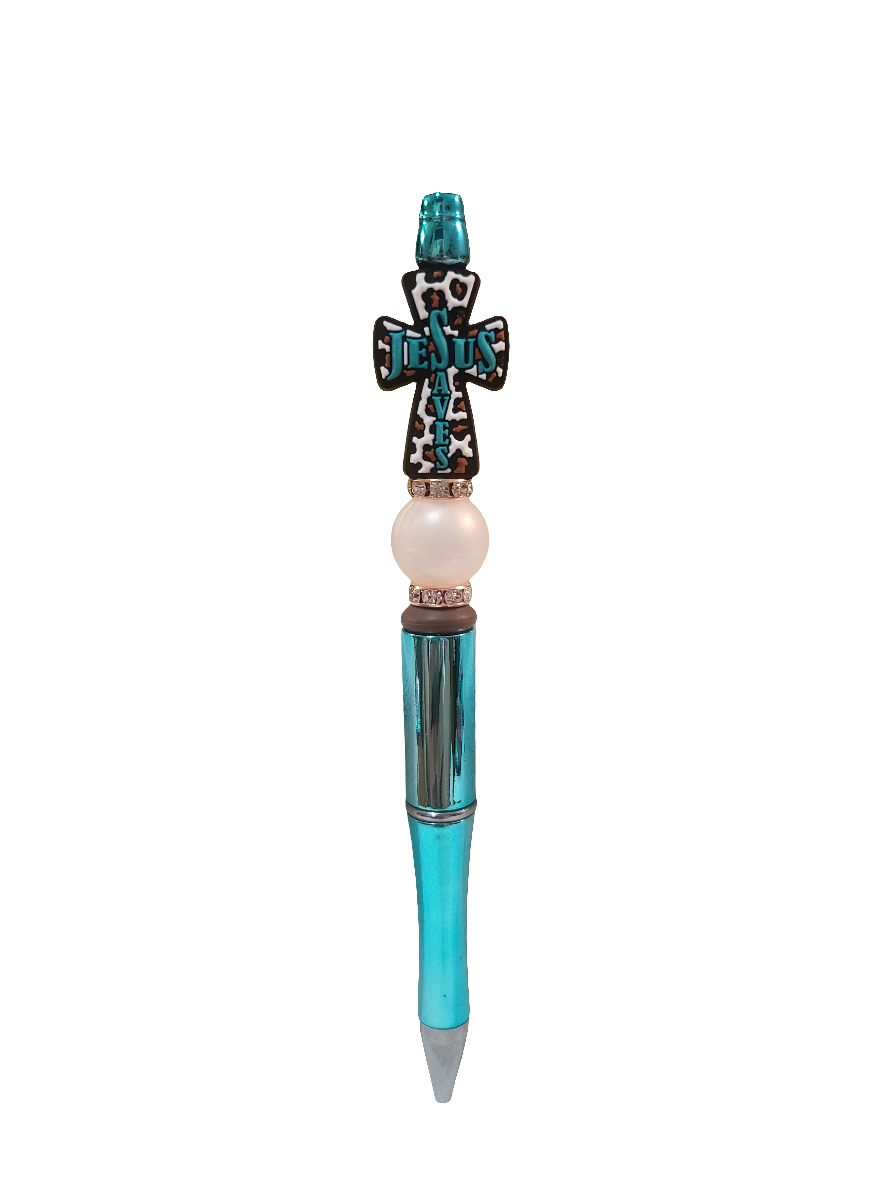 Jesus Saves Cross Metallic Beaded Pen