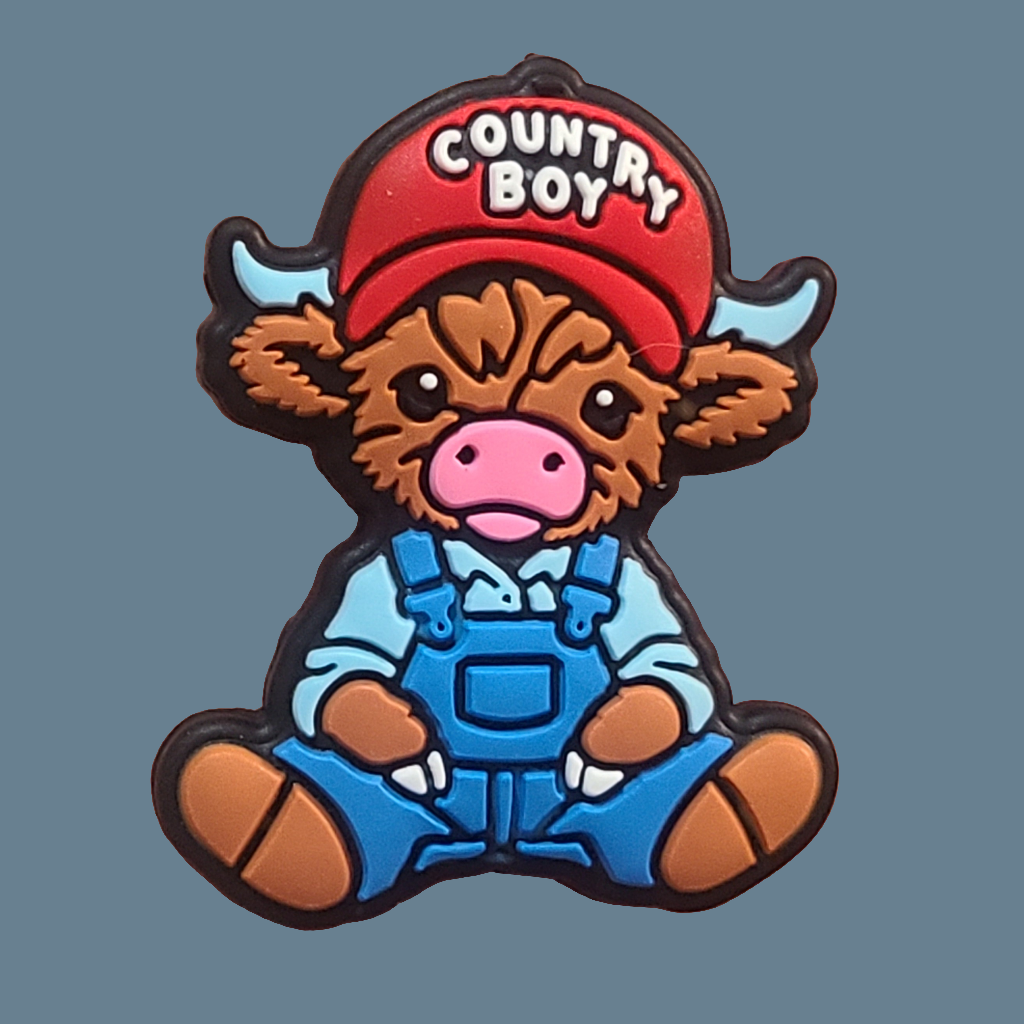 Country Boy Cow / Heifer In Overalls & Hat Silicone Focal Bead