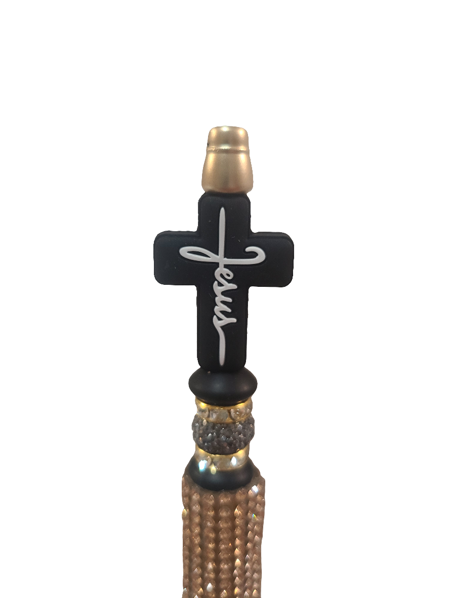 Jesus Cross Beaded Gold Rhinestone Pen