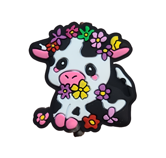 Baby Cow with Flowers Silicone Focal Bead