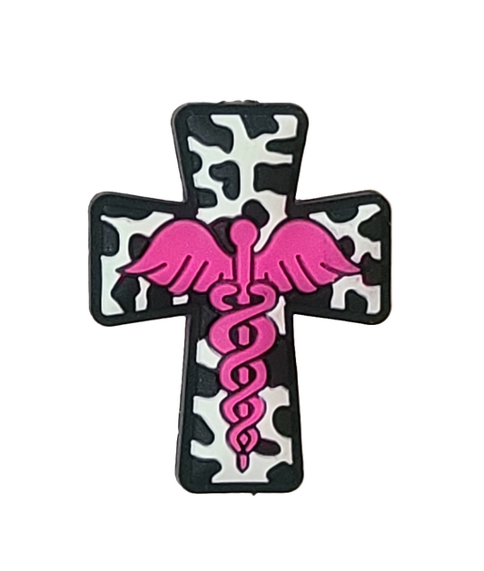 Cow Print Cross With Medical Staff Silicone Focal Bead