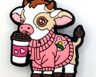 Little Cow In Pink Sweater with Drink Silicone Focal Bead - Strawberry  Milkshake