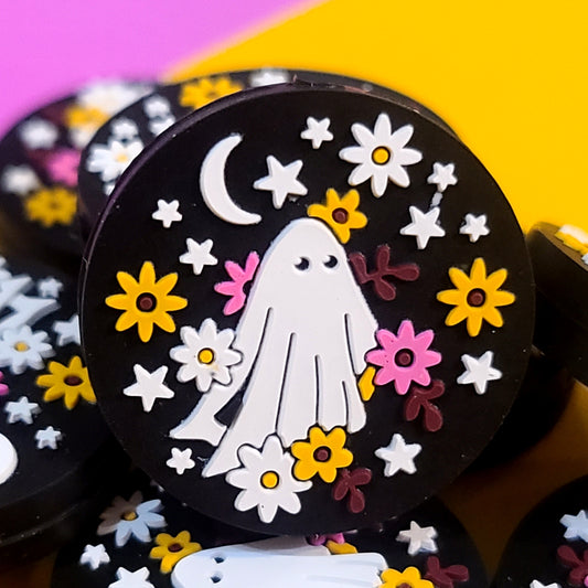 Ghost Under Moon With Flowers Silicone Focal Bead